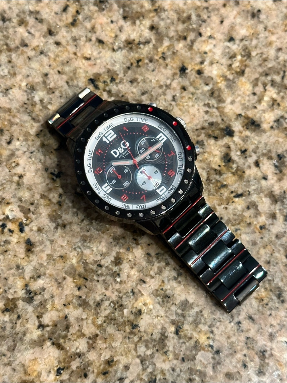 D&G Dolce & Gabbana Time Chronograph Watch Black Red Stainless Steel